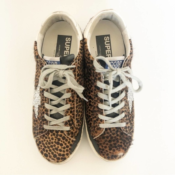 Golden Goose Superstar Leopard Print Pony Hair Glitter Star Distressed Sneakers - Picture 2 of 14